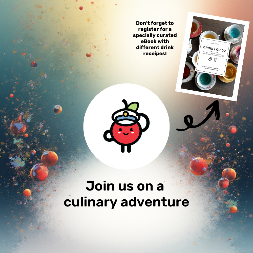 Promotional graphic with a cartoon character, text about registering for drink recipes, and a colorful background.