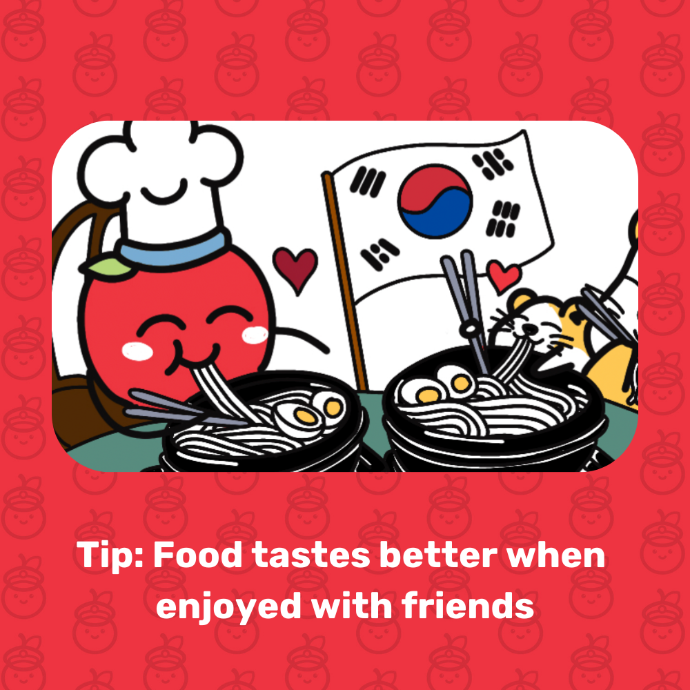Illustration of two characters eating noodles with a Korean flag, surrounded by heart symbols on a red background.