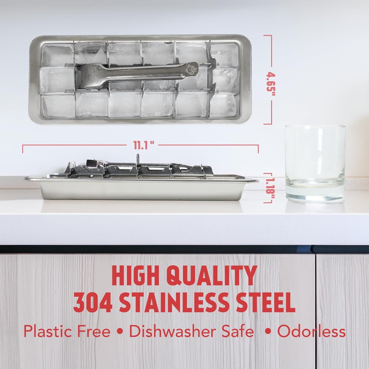 Ice Cube Tray - Stainless Steel | 18 Cubes with Easy-Release Lever