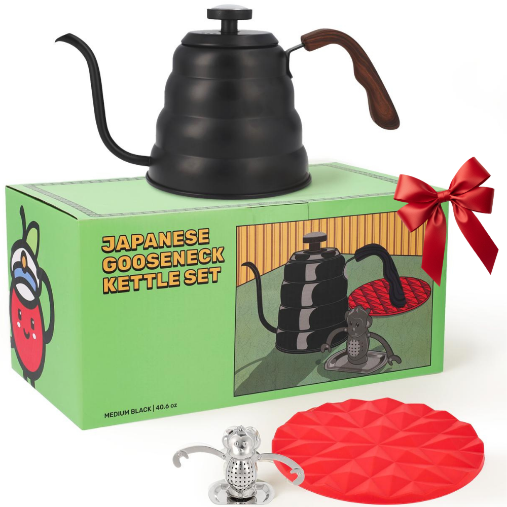 Black Japanese gooseneck kettle set with packaging, red trivet, and small silver object on a white background.