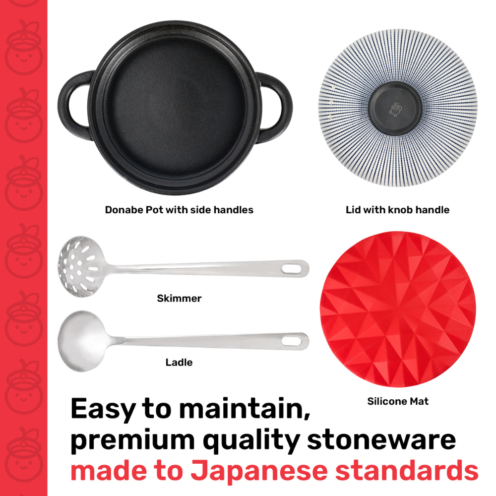 Set of stoneware cookware including a donabe pot, lid, skimmer, ladle, and silicone mat with text about quality and origin.