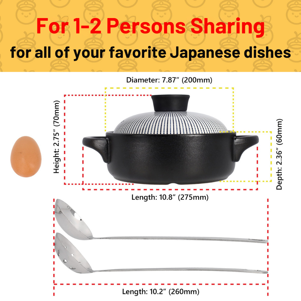 Black ceramic pot with lid and two ladles on a yellow background with text about serving size and Japanese dishes.