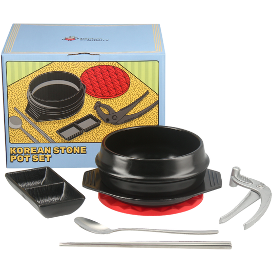 Korean stone pot set with accessories and packaging on a white background