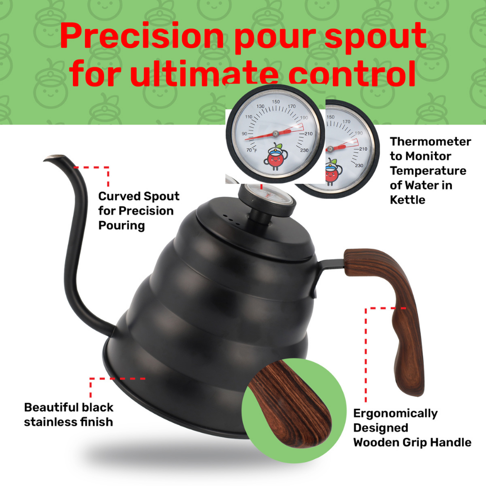 Black kettle with wooden handle and thermometer on a green background