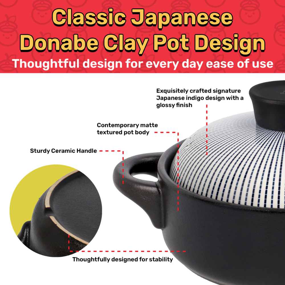 Donabe clay pot with text highlighting features on a red background