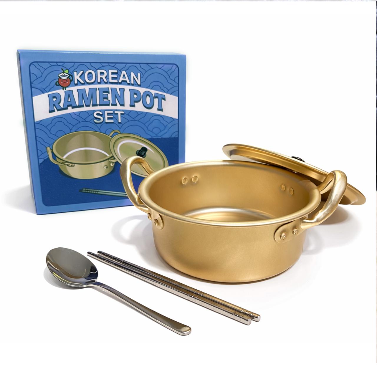 Korean Ramen Pot Set with gold pot, spoon, and chopsticks on a white background