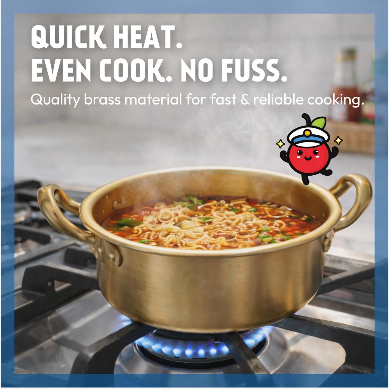 Gold pot with food on a stove, featuring text about quick heat and even cook performance.