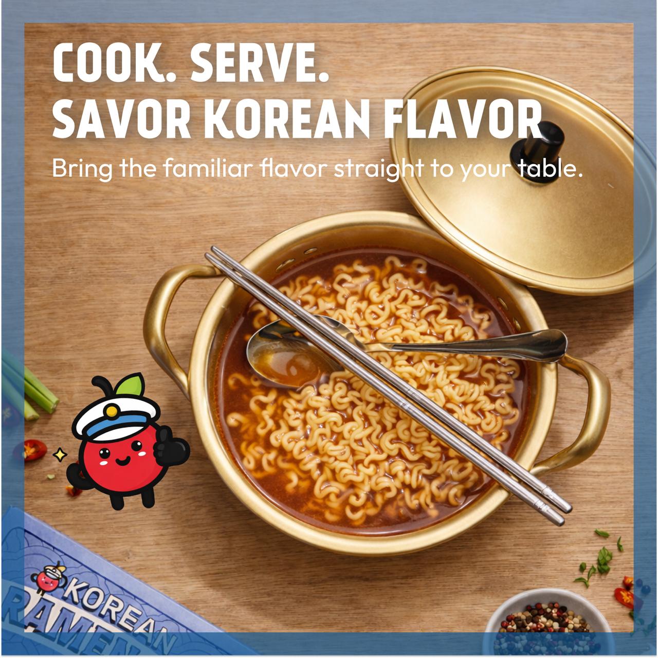 Korean instant noodles in a gold bowl with chopsticks and a spoon on a wooden surface, accompanied by text 'Cook. Serve.