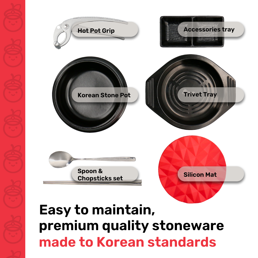 Set of kitchen items including a hot pot grip, accessories tray, Korean stone pot, trivet tray, spoon and chopsticks set, and a silicon mat on a white background.