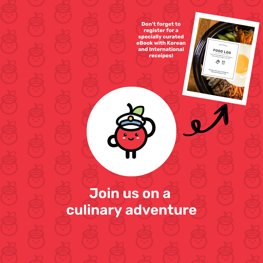 Red background with a cartoon character and text inviting viewers to join a culinary adventure.