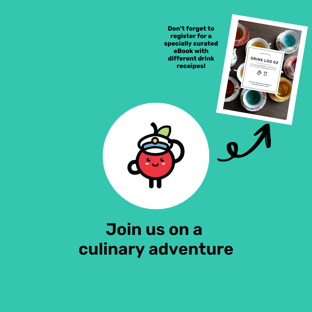 Promotional graphic with a cartoon character, text, and a drink recipe card on a teal background