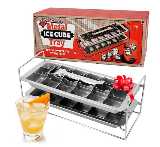 Metal ice cube tray with stand and packaging, next to a glass of iced drink.
