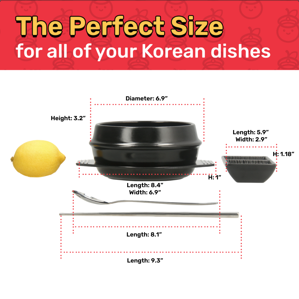 Black Korean dish with measurements and comparison to a lemon on a red background