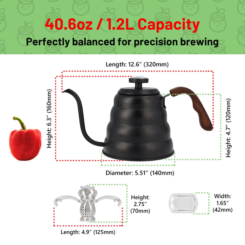 Black gooseneck kettle with measurements and capacity details on a green background