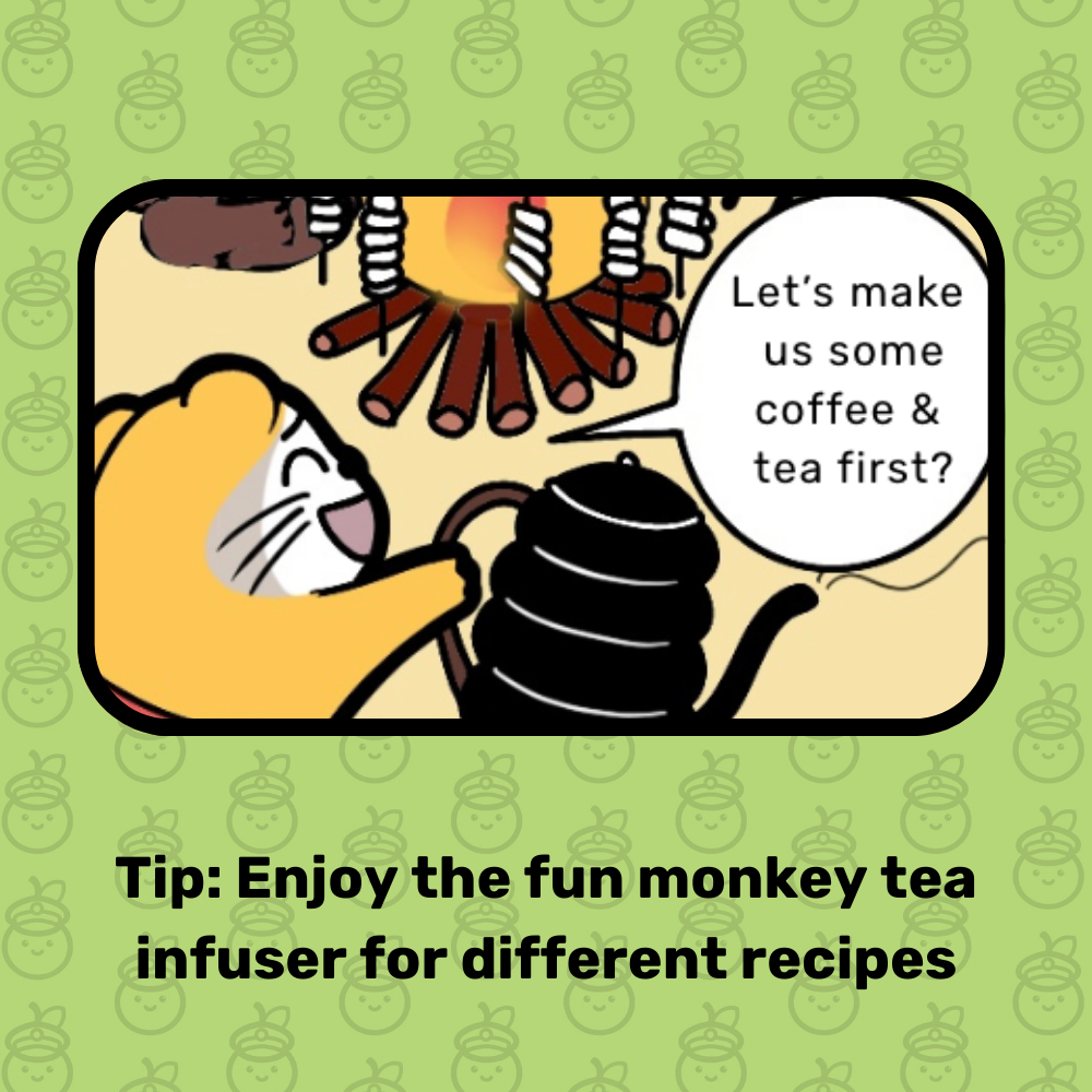 Cartoon monkey using a tea infuser with text on a green background