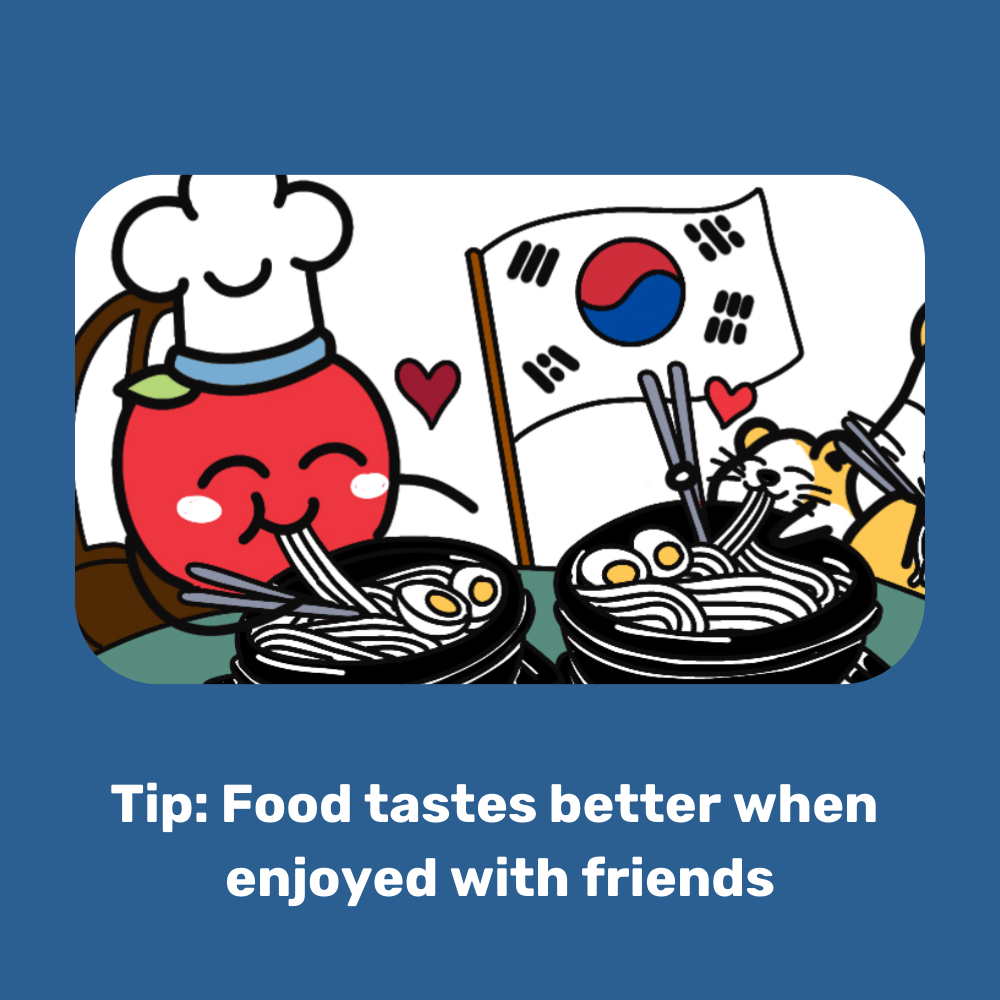 Cartoon illustration of a chef apple and noodle bowl with a Korean flag, hearts, and text on a blue background.