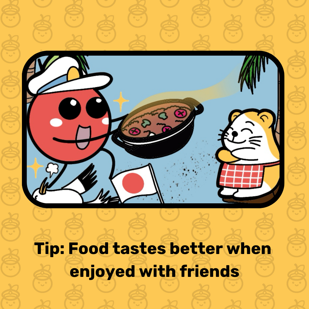 Cartoon characters enjoying food with a tip about sharing meals with friends on a yellow background.