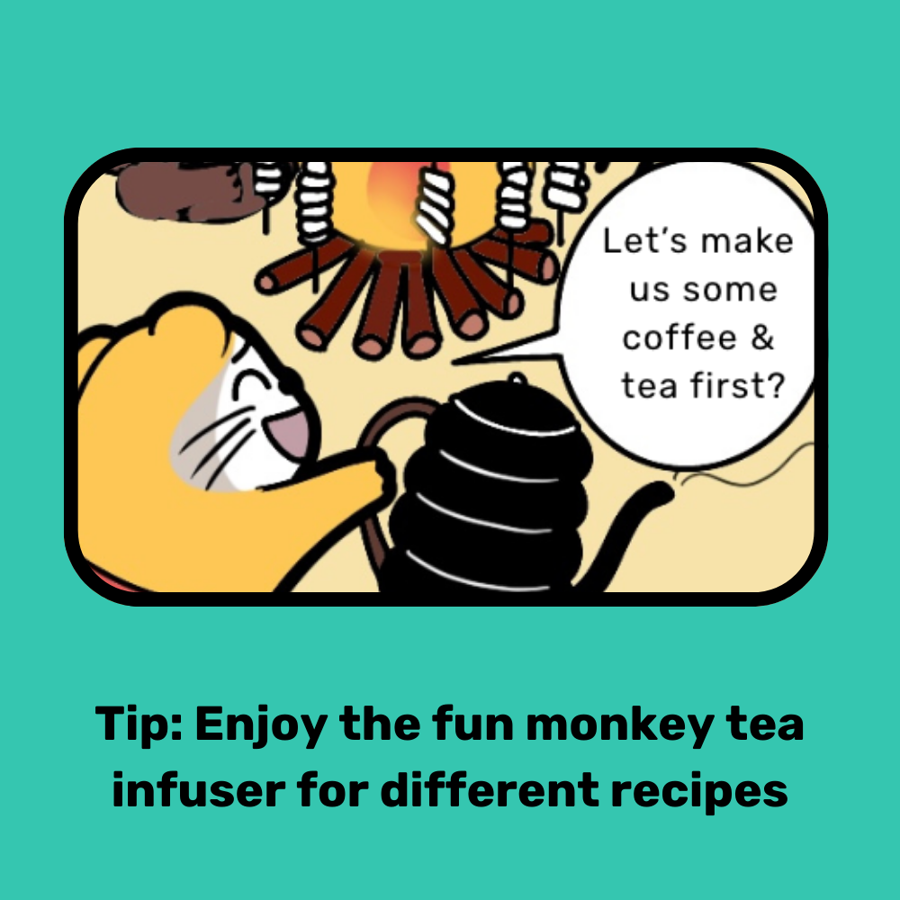 Cartoon illustration of a monkey using a tea infuser with text on a teal background