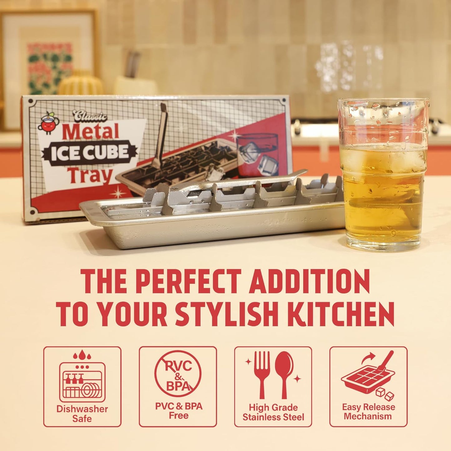 Ice Cube Tray - Stainless Steel | 18 Cubes with Easy-Release Lever
